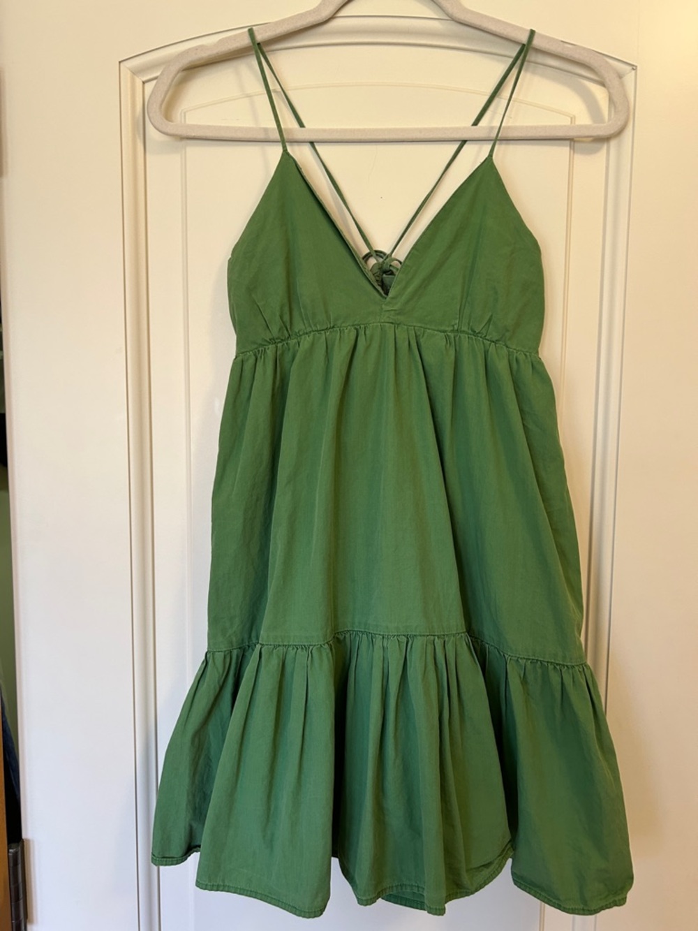 Deluc Green Spaghetti-Strap Tiered Mini Dress With Interesting Gathered Back